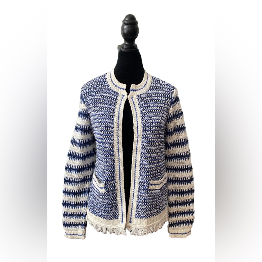 Talbots: Blue and White Mix Textured Jacket Sweater with Fringe Trim